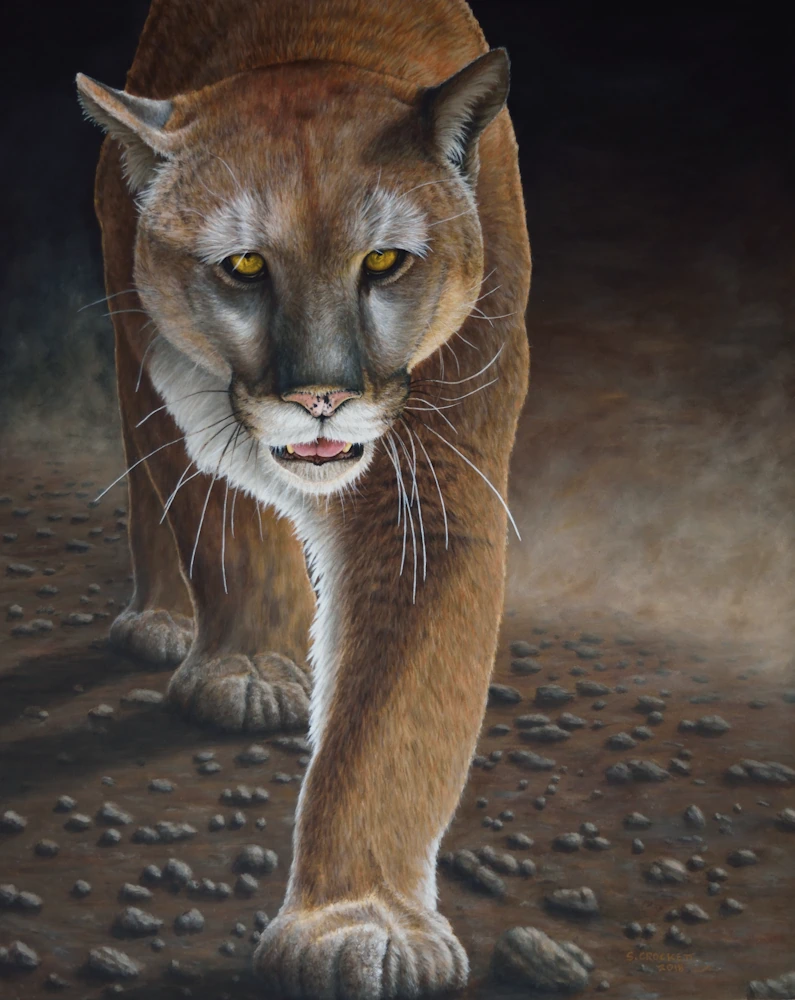 Acrylic painting of a mountain lion stalking through a dusty valley